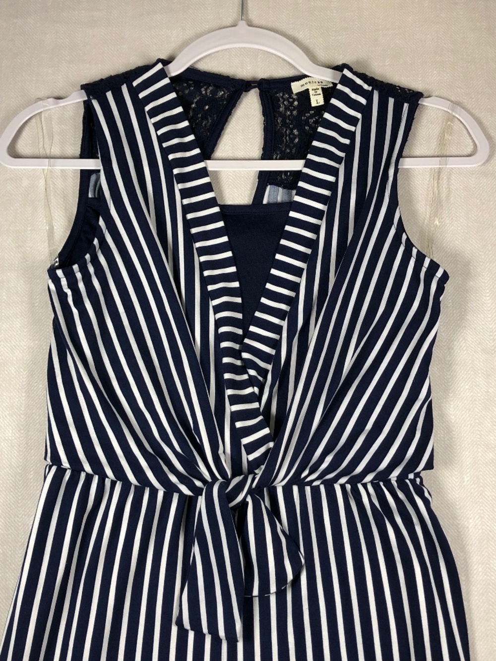 Monteau Wrap Jumpsuit L Women’s Navy White Striped Lace Back Wide Leg